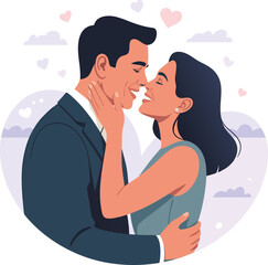 Obraz premium A stylish couple embraces in a tender moment sharing a kiss amidst floating hearts