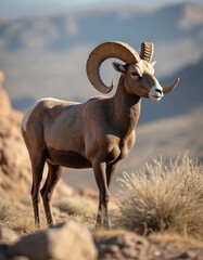 Obraz premium Bighorn sheep ram stands in arid rocky desert landscape. Male animal with large curved horns stares forward. Sparse dry brush grows around its hooves. Rugged brown mountains form background.