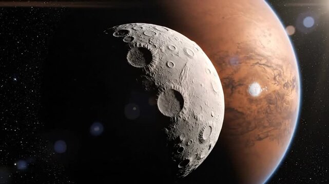 Mars and Phobos: A stunning cosmic encounter showcasing the red planet and its cratered moon amidst the stars