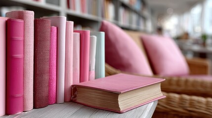 Library shelf with pink book covers about cancer, reading area