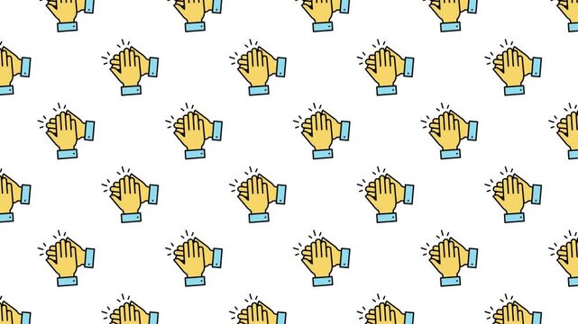 Seamlessly looping animation of clapping hands icons. Flat vector style pattern representing applause, success, and celebration. Perfect for background use in social media or corporate videos.