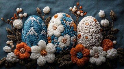 Obraz premium A folk art style Happy Easter embroidery design, with visible stitch details on motifs of eggs and flowers, on a fabric texture