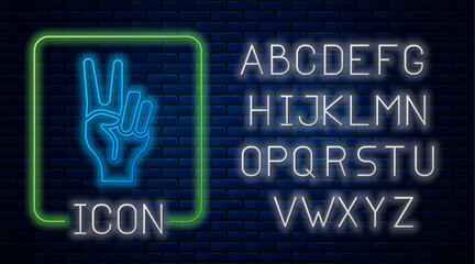 Glowing neon Hand showing two finger icon isolated on brick wall background. Hand gesture V sign for victory or peace. Neon light alphabet. Vector