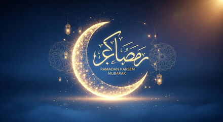 Fototapeta premium Glowing Arabic Ramadan Kareem Mubarak Background with Luxury Islamic Light Patterns