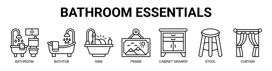 Bathroom Essentials web banner icon vector illustration concept with icon of bathroom, bathtub, sink, frame, cabinet drawer, stool, and curtain.