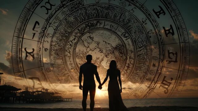 Romantic couple on beach at sunset with glowing zodiac wheel symbolizing horoscope compatibility, astrology love connection and cosmic relationship destiny, banner with copy space
