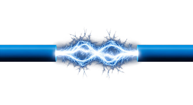 Electricity sparking between blue cables with intense energy discharge &ndash; Best for graphic design, web banners, social media posts, marketing, presentations, and creative projects