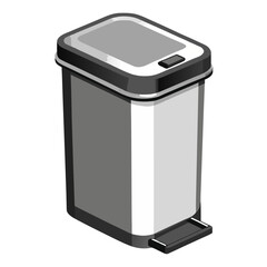 Isometric illustration of a modern stainless steel kitchen trash can with a convenient foot step pedal for hygienic waste disposal, presented as a sleek vector icon