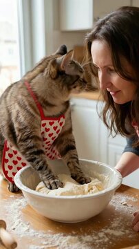 Cat kneads dough while owner watches closely. Annoyed, the cat slaps her forehead, leaving a flour paw print. She looks at him displeased.