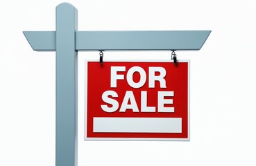 Red For Sale sign with empty lower section on post against white background. Indicates real estate or product offering. Use for buying or selling themes.