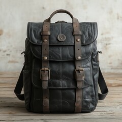 A black backpack with brown straps and a brown leather handle