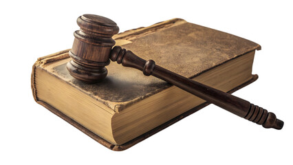 Antique wooden judge gavel resting across a weathered leather bound law book on transparent background