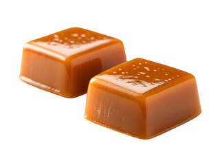 Two glossy rich brown chewy caramel candies isolated closely together on transparent background