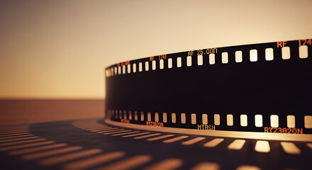 Close up of a film reel on a flat surface with warm lighting