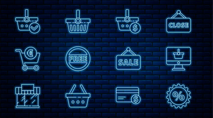 Set line Discount percent tag, Monitor with shopping basket, Shopping and dollar, Price Free, cart euro, check mark, Hanging sign Sale and icon. Vector © vector_v