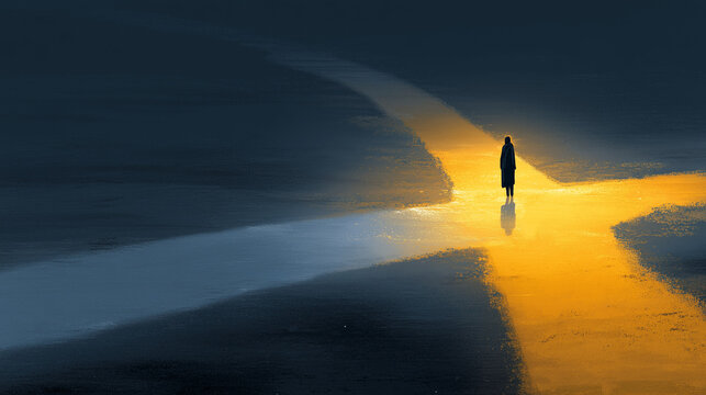Human figure standing at a crossroads, one path glowing with light, the other fading into shadow