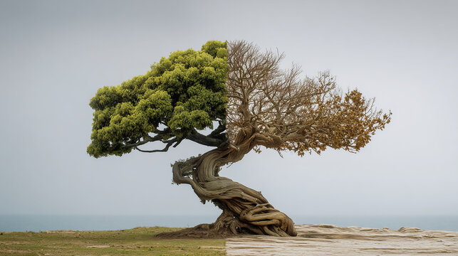 Tree with one half lush and green, the other half dry and twisted, symbolic balance