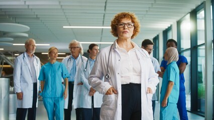 Confident Caucasian female doctor standing in corridor while holding strong posture. Leading...