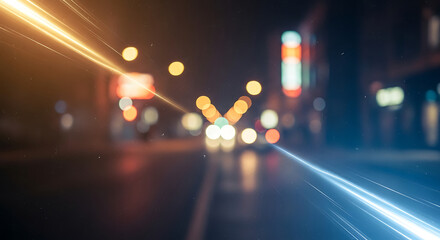 Blurry nighttime city street with colorful lights and reflections