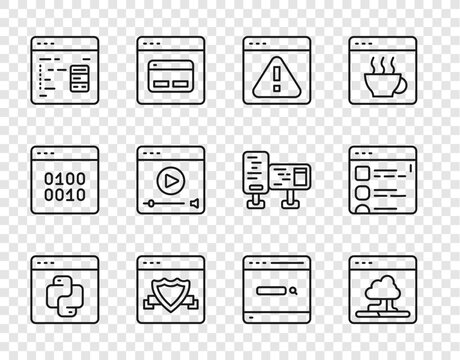 Set line Python programming language, Cloud technology data transfer, Browser with exclamation mark, shield, Software, Online play video, Search engine and files icon. Vector