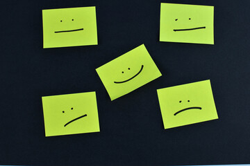 Nine yellow cards with varied facial expressions on dark background, illustrating a range of emotions through minimalistic design and layout.