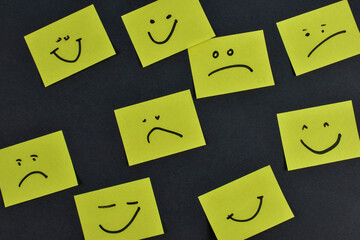 Nine yellow cards with varied facial expressions on dark background, illustrating a range of emotions through minimalistic design and layout.