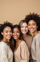 Fototapeta premium Four smiling women with diverse skin tones and hair styles stand together. They wear casual clothing and look at the camera in a studio setting on a beige backdrop, exuding confidence and friendship.