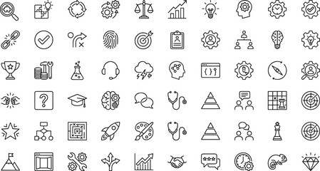 Business strategy icons, productivity symbols, communication tools, technology elements, personal development graphics, minimal line art, abstract concept illustrations © Mst