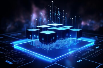 Digital data flowing between abstract server blocks representing computing technology