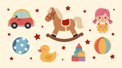 Obraz premium Cute set of colorful children’s toys - car, rocking horse, doll, balls, rubber duck and blocks. Perfect for kids products and playful designs. Flat vector illustration.