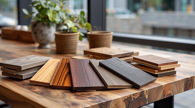 Wood samples of various colors and textures on a wooden table. Interior design and home improvement concept. Material selection for renovation project.