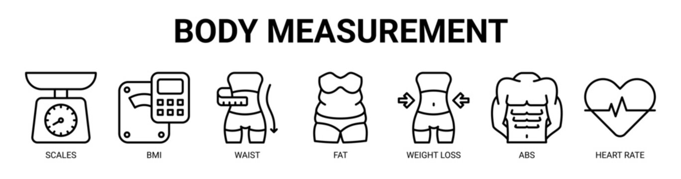 Body Measurement web banner icon vector illustration concept with icon of scales, bmi, waist, fat, weight loss, abs, and heart rate.