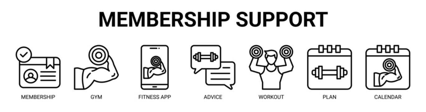Membership Support web banner icon vector illustration concept with icon of membership, gym, fitness app, advice, workout, plan, and calendar.