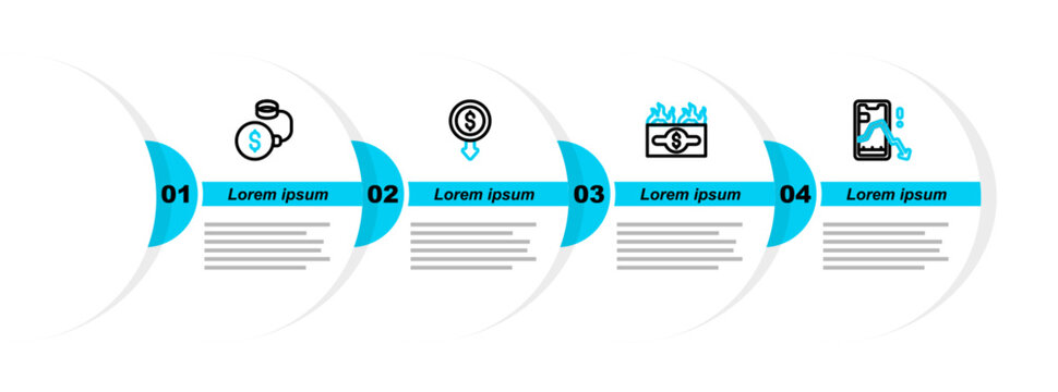 Set line Mobile stock trading, Burning dollar bill, Dollar rate decrease and Debt ball chained coin icon. Vector