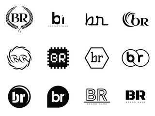 BR logo company template. Letter b and r logotype. Set different classic serif lettering and modern bold text with design elements. Initial font typography.
