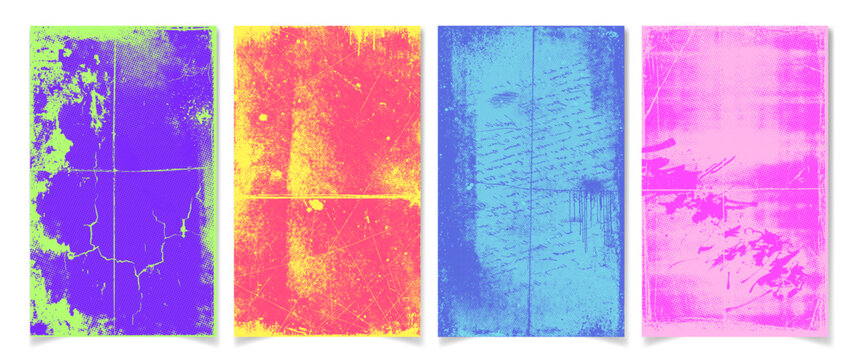Grunge punk poster with halftone pattern and distressed urban textures. Scratches, cracks, rough paint marks, vintage damaged surfaces, bold street art energy. Colorful graffiti vector illustration