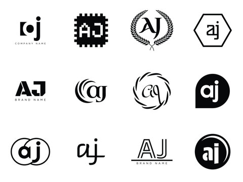AJ logo company template. Letter a and j logotype. Set different classic serif lettering and modern bold text with design elements. Initial font typography.