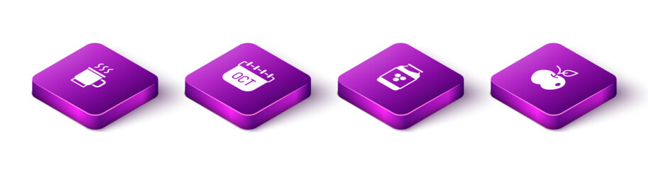 Set Isometric Cup of tea, October calendar autumn, Jar honey and Apple icon. Vector