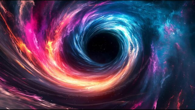 Black hole with cosmic vortex swirling through vibrant nebulae in outer space, stunning celestial movements and energetic galactic spirals