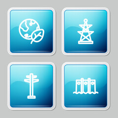 Set line Earth globe and leaf, Electric tower, and Hydroelectric dam icon. Vector