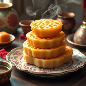 Stack of traditional chinese new year sticky rice cake nian gao with steam
