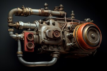 Fototapeta premium Intricate engine showcasing industrial design with metallic components, pipes, and wiring, highlighting the complexity of machinery