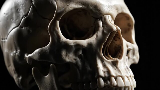 Close-up of a Human Skull Against a Dark Background, Displaying Anatomical Details
