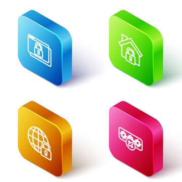Set Isometric line Secure your site with HTTPS, SSL, House under protection, Global lockdown and Password icon. Vector