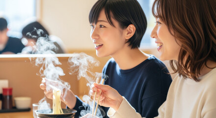 うどんを食べる女性 うどん屋 出汁と湯気