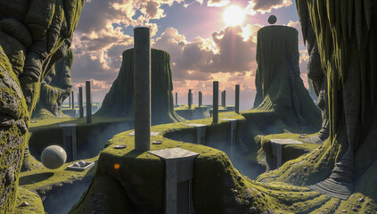 Obraz premium Dreamlike fantasy world features mysterious geometric totems rising from a foggy terrain under a colorful atmospheric sky, creating a sense of spiritual wonder