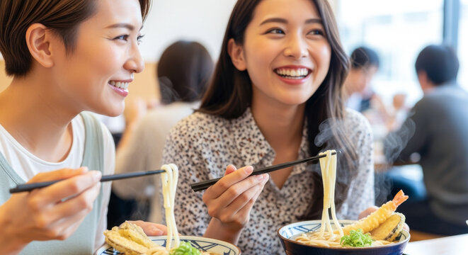 うどんを食べる女性 うどん屋 出汁と湯気