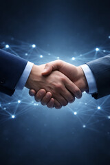 Handshake between two businessmen in suits with a blue digital network background representing successful corporate partnership and professional technology collaboration in business