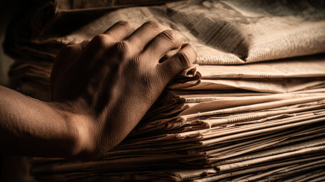 Hand holding old newspaper stack with inflation crisis and economic poverty impact concept in warm light