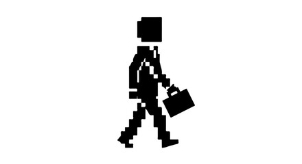 Obraz premium pixelated businessman walking with a briefcase in minimalist 8-bit style perfect for digital corporate identity and career concepts.